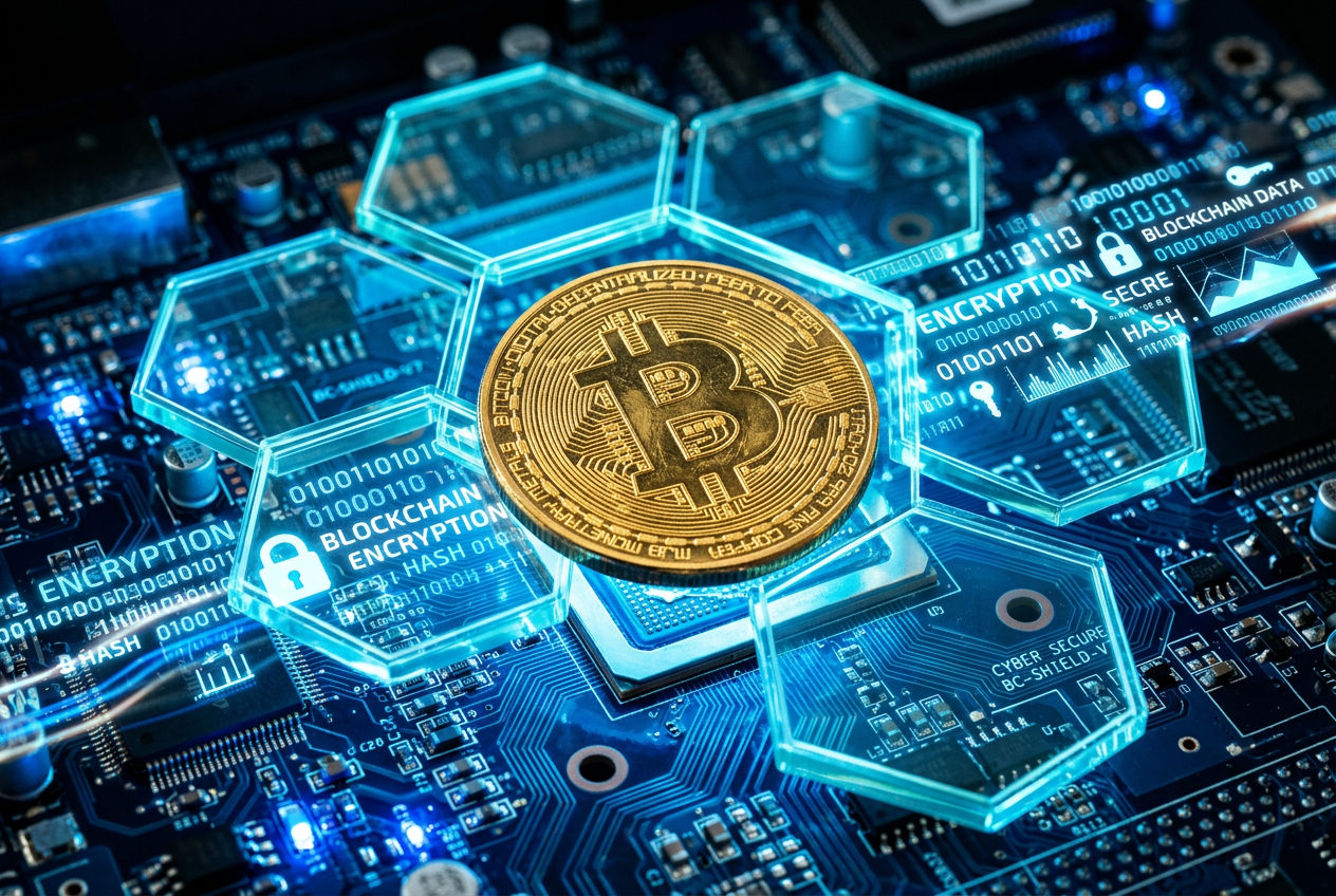 Makro ujęcie monety bitcoin na płytce drukowanej chronionej przez sześciokątne osłony danych