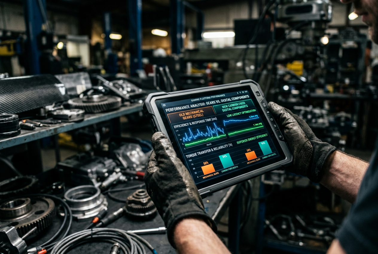 Technik analizujący porównanie wydajności starego i nowego kasyna na cyfrowym tablecie