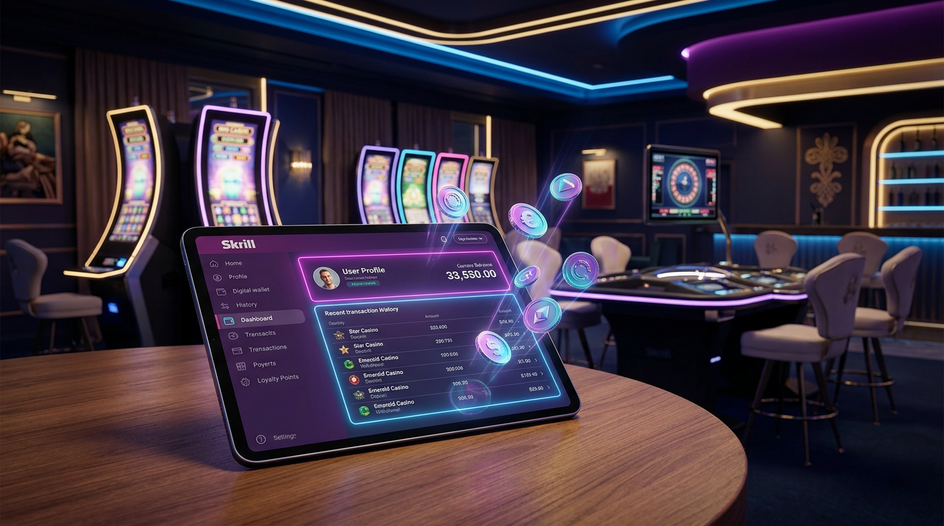 Futuristic Skrill digital wallet and online casino interface visualization