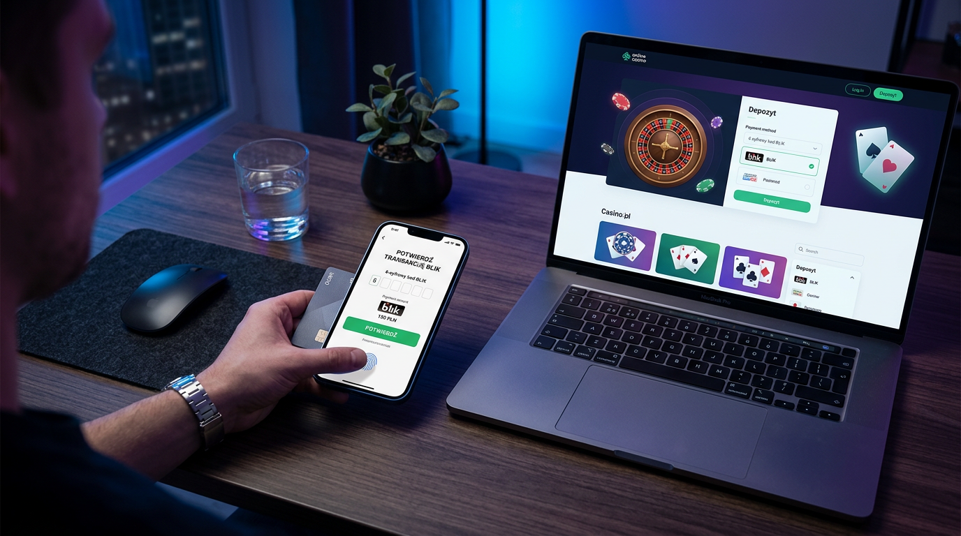 Smartfon z płatnością BLIK obok laptopa z interfejsem kasyna online.