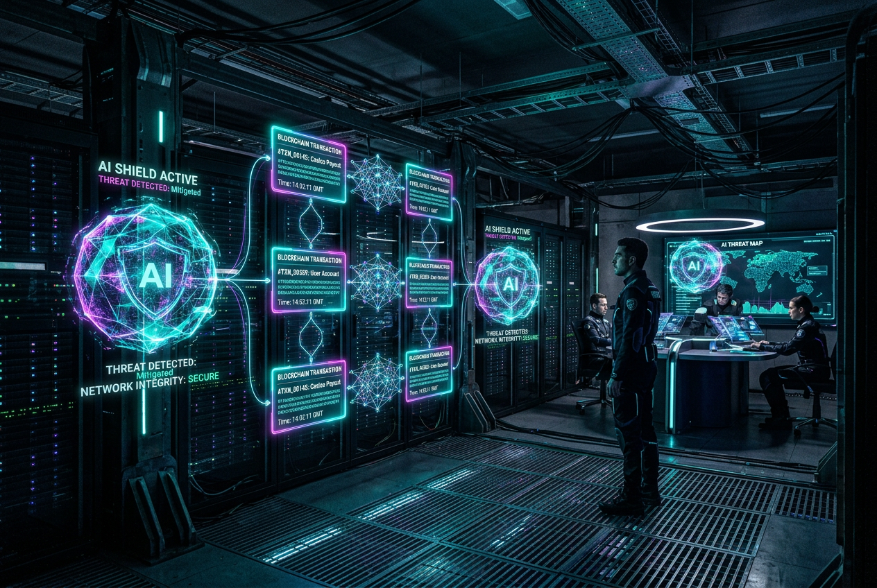 Futurystyczny interfejs kasyna z elementami AI i blockchain w stylu dark industrial