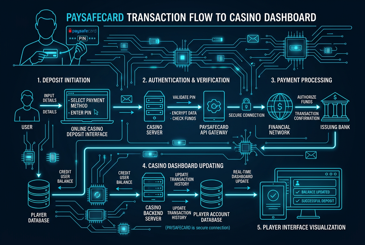 Techniczny schemat przepływu płatności Paysafecard w architekturze kasyna online
