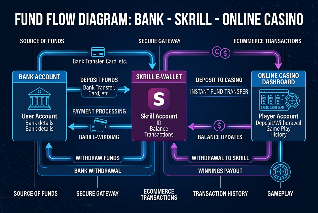 Schemat działania portfela Skrill w ekosystemie kasynowym - infografika techniczna